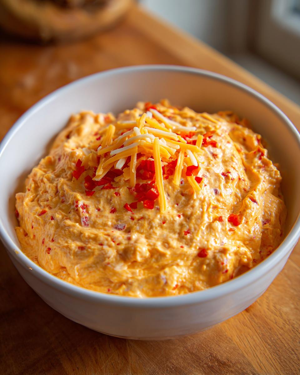 Close-up of creamy orange boat dip topped with shredded cheddar and diced red peppers in a white bowl.
