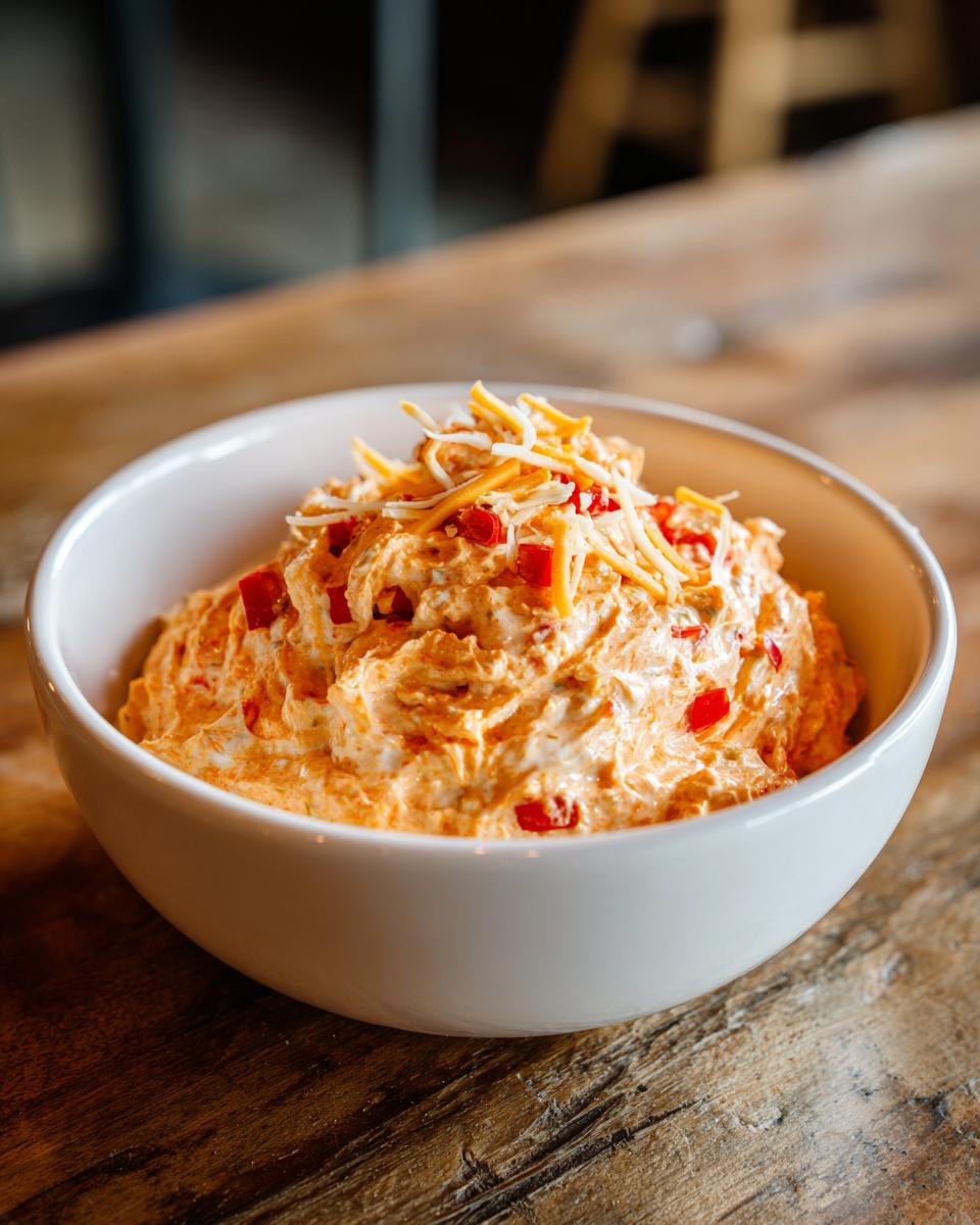 A close-up of creamy, orange-colored boat dip topped with shredded cheddar and diced red peppers in a white bowl.