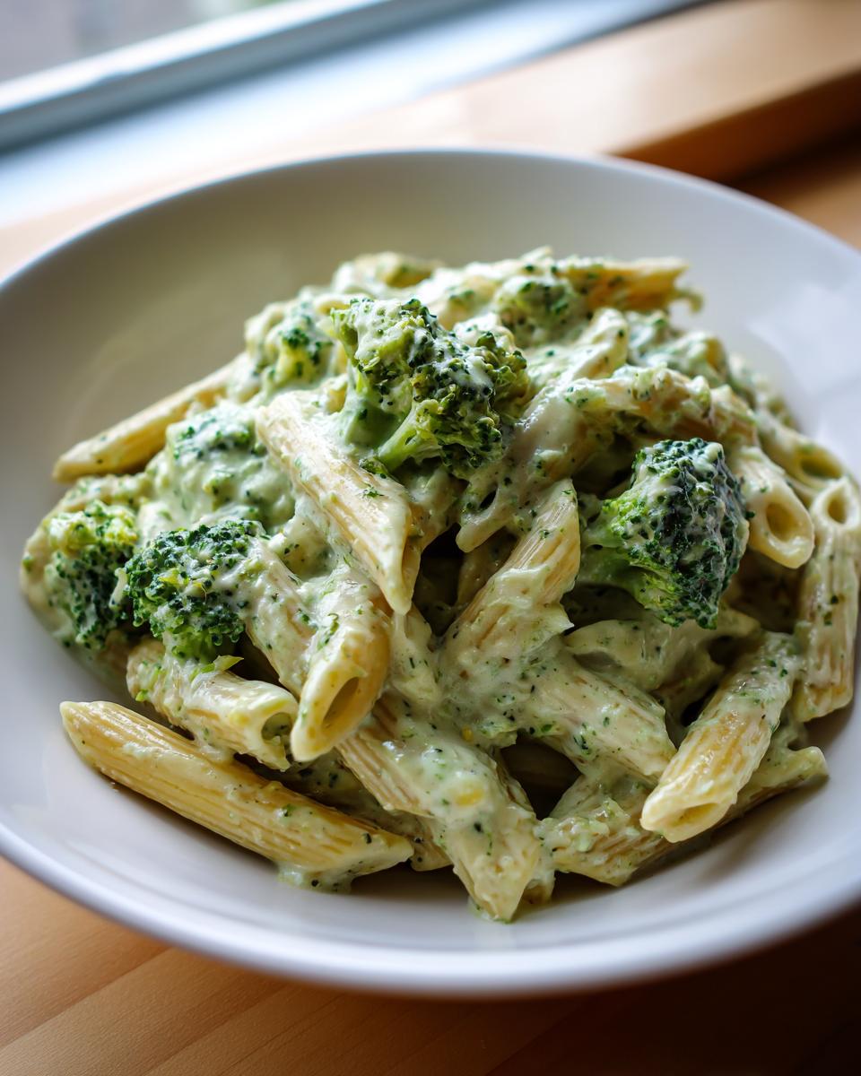 A close-up of creamy broccoli pasta made with penne, featuring bright green broccoli florets coated in a rich sauce.