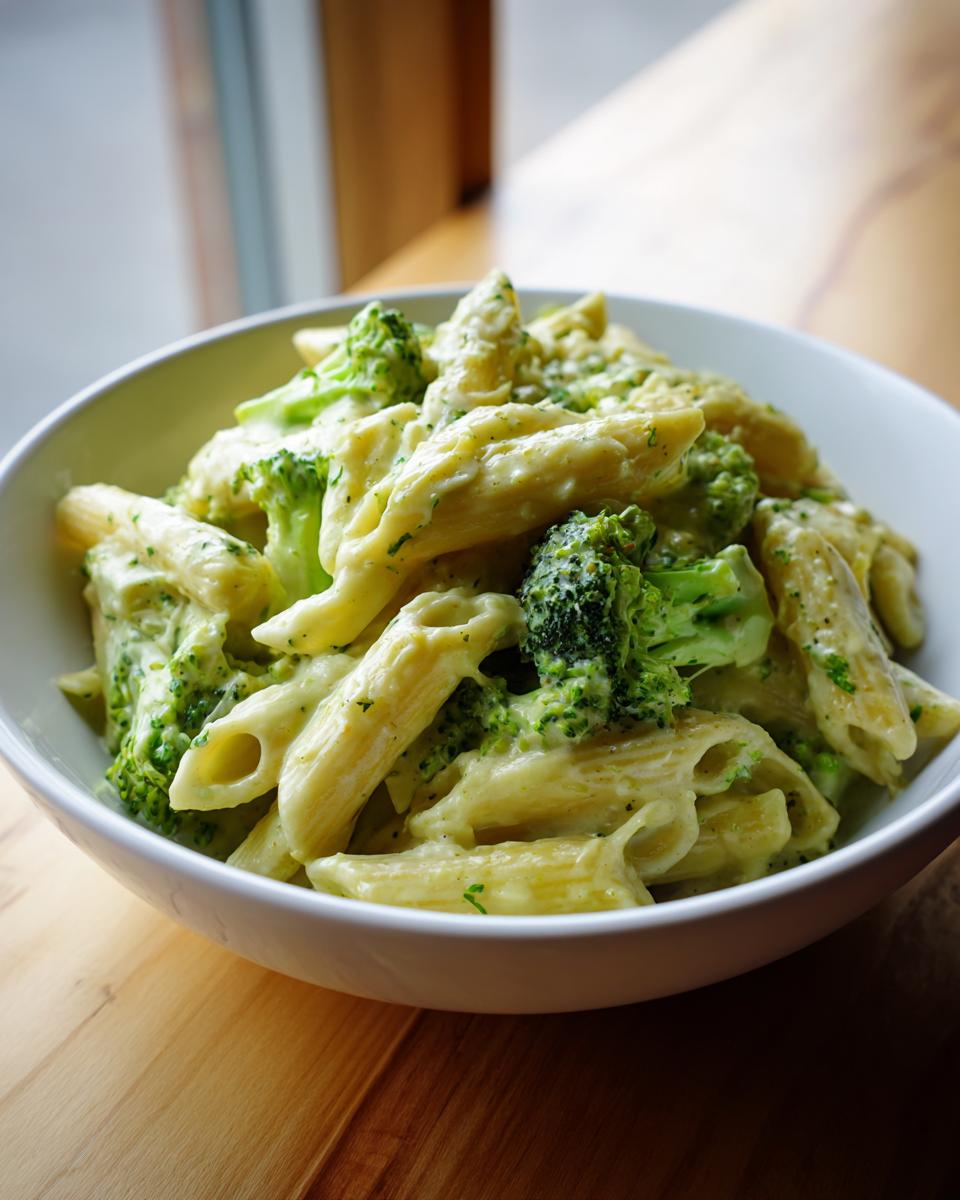 Close-up of creamy broccoli pasta made with penne, featuring bright green florets coated in a rich sauce.