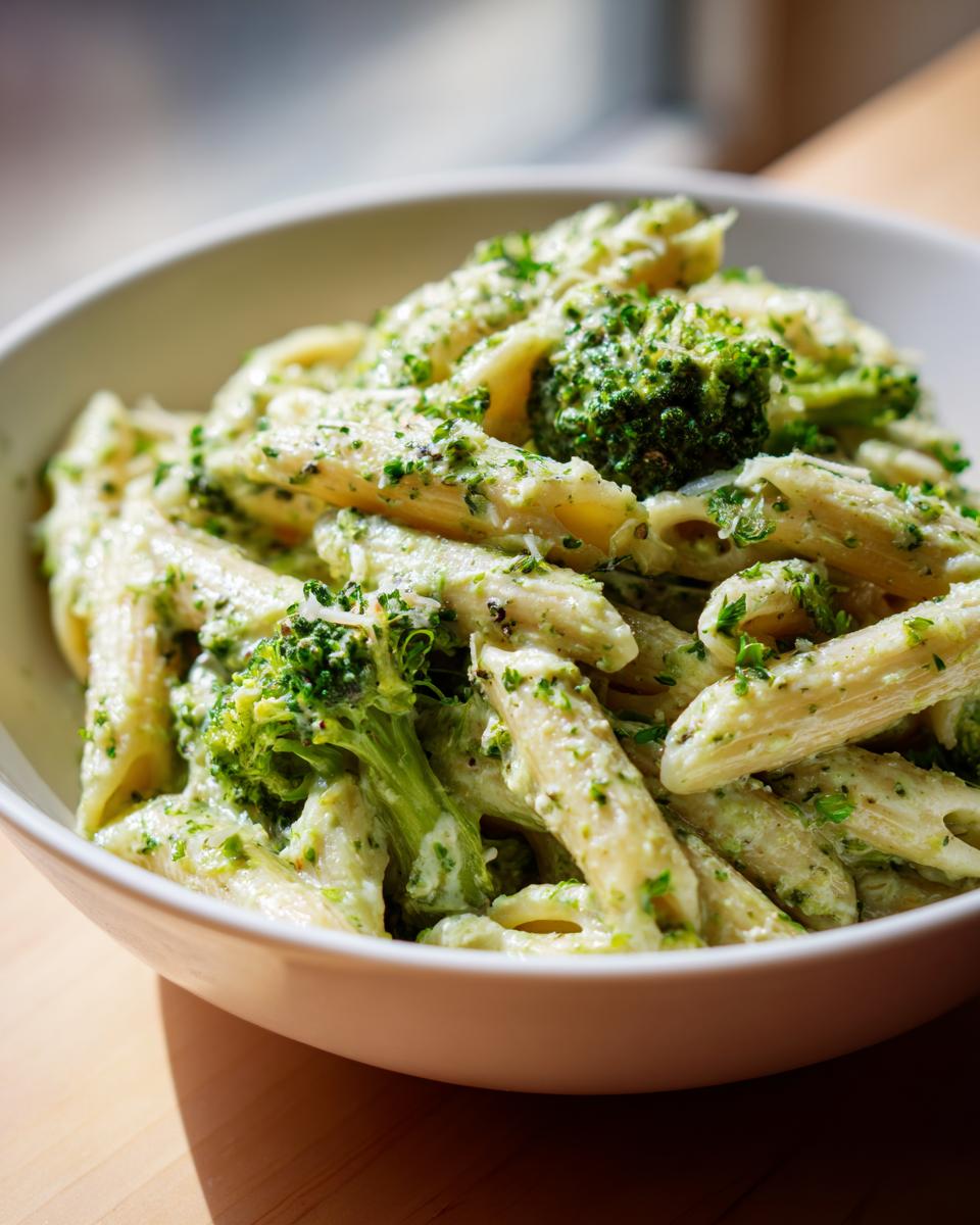 A close-up shot of creamy broccoli pasta with penne noodles and visible broccoli florets in a white bowl.