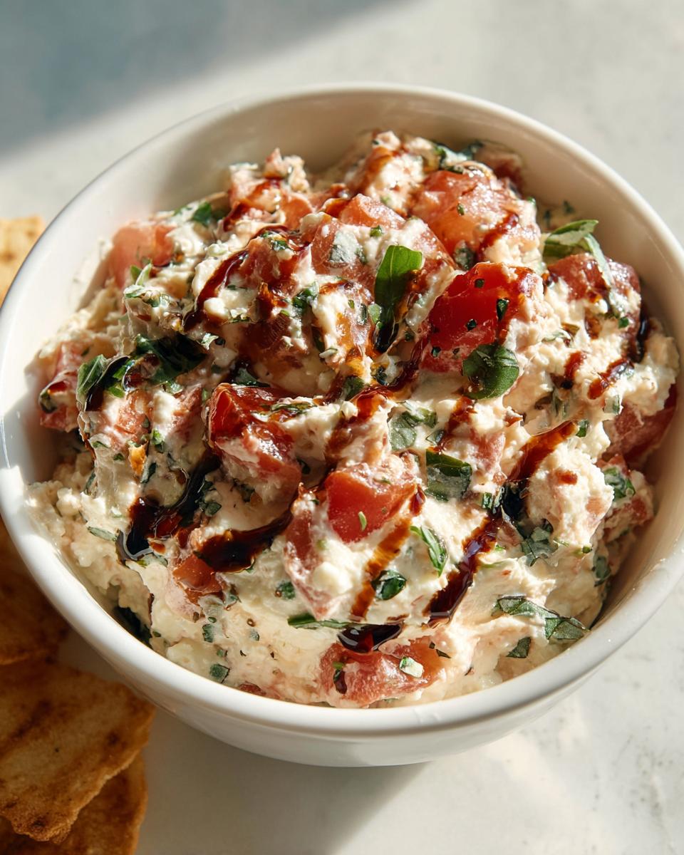 Close-up of creamy bruschetta dip topped with diced tomatoes, basil, and a balsamic glaze, served in a white bowl.