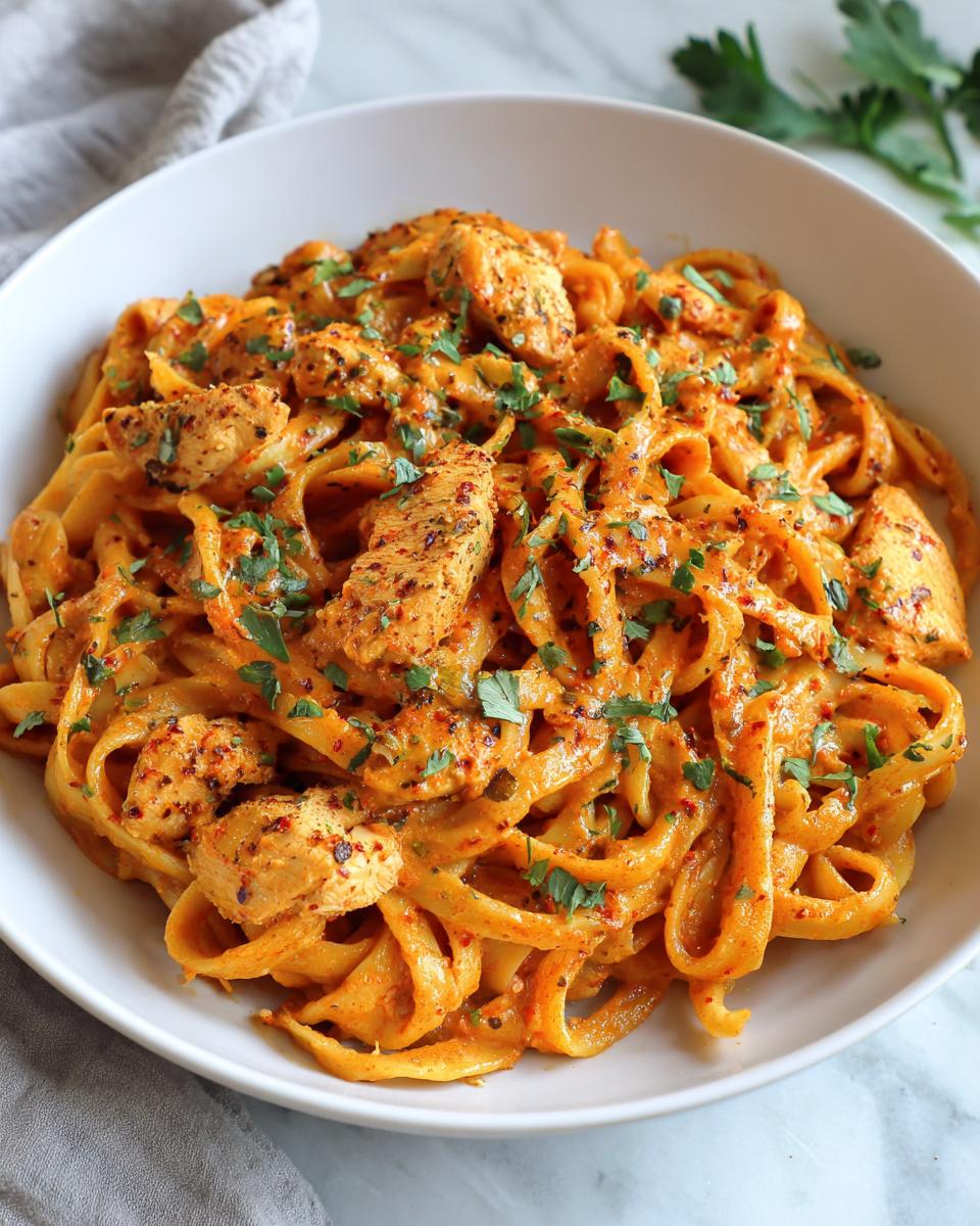 Close-up of creamy cajun chicken pasta featuring fettuccine noodles, seasoned chicken pieces, and fresh parsley garnish.