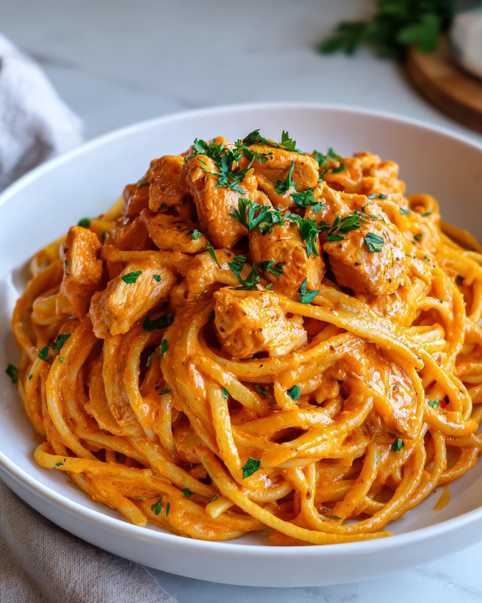 Close-up of creamy, orange-sauced cajun chicken pasta topped with fresh parsley in a white bowl.