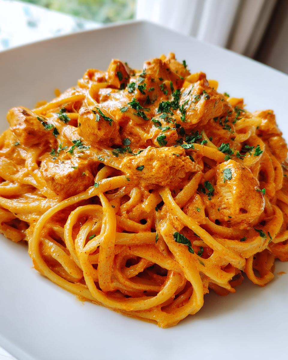 Close-up of a rich, creamy cajun chicken pasta dish topped with fresh parsley on a white plate.