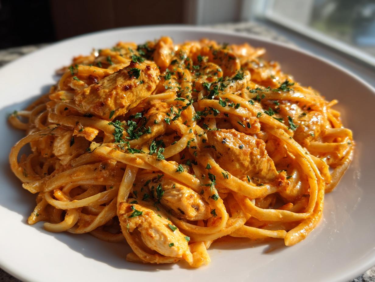 Close-up of creamy cajun chicken pasta with linguine noodles and chopped parsley garnish.