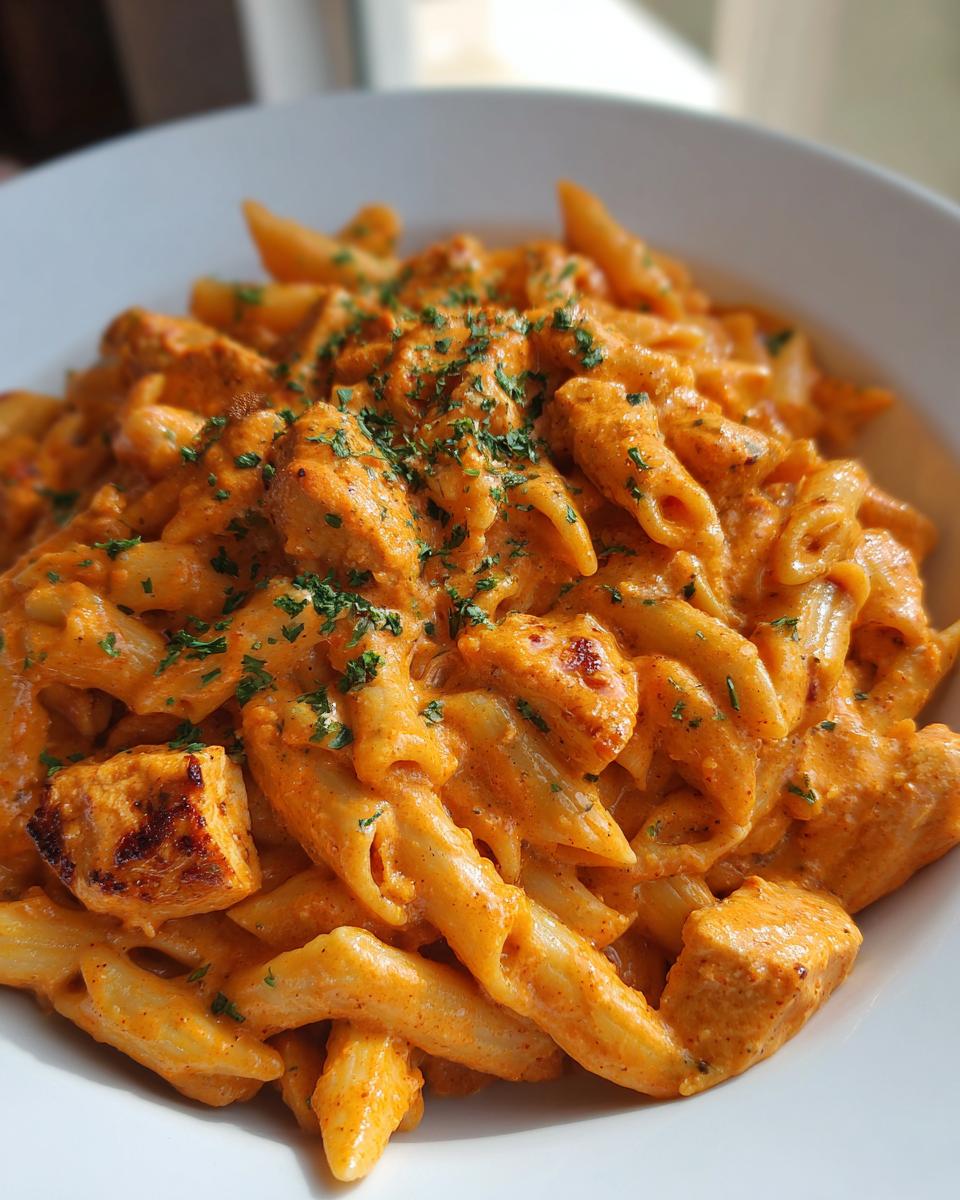 Close-up of creamy, orange-hued cajun chicken pasta made with penne, topped with fresh parsley.