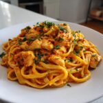 A close-up of creamy cajun chicken pasta featuring fettuccine noodles, seasoned chicken chunks, and a sprinkle of fresh parsley.