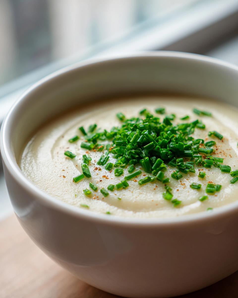Close-up of a bowl of smooth, creamy cauliflower soup garnished with bright green chopped chives.