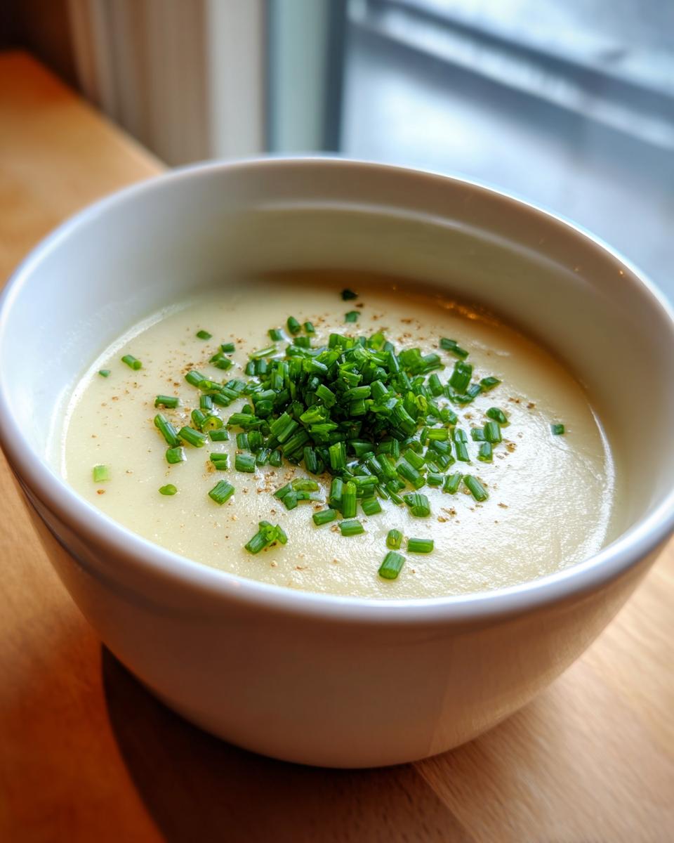 A close-up of creamy cauliflower soup in a white bowl, topped generously with fresh chopped chives and a sprinkle of pepper.