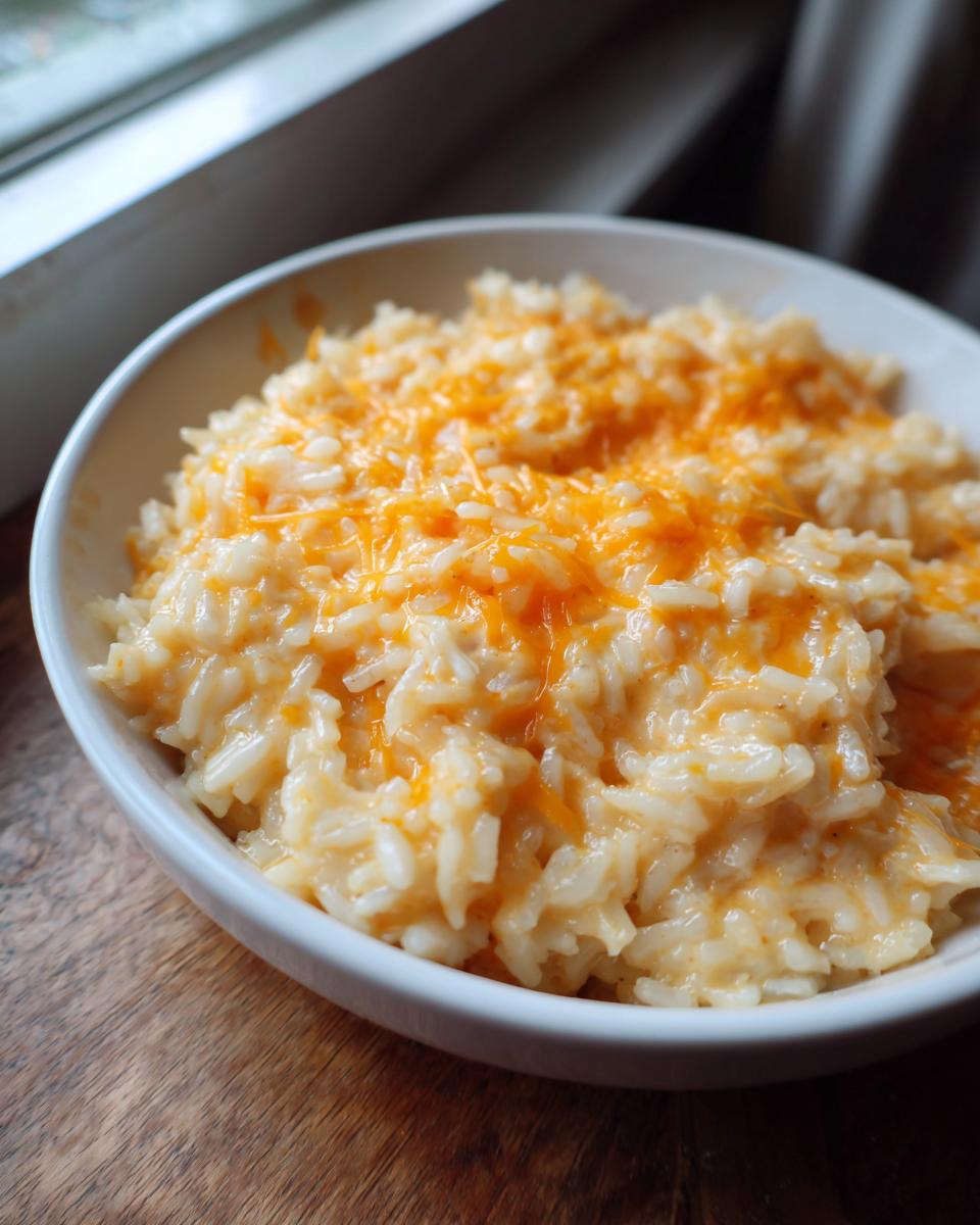Close-up of a white bowl filled with creamy cheesy rice topped with freshly melted orange cheddar cheese.