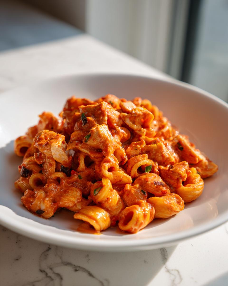 Close-up of creamy, orange-red enchilada pasta mixed with chunks of chicken in a white bowl.