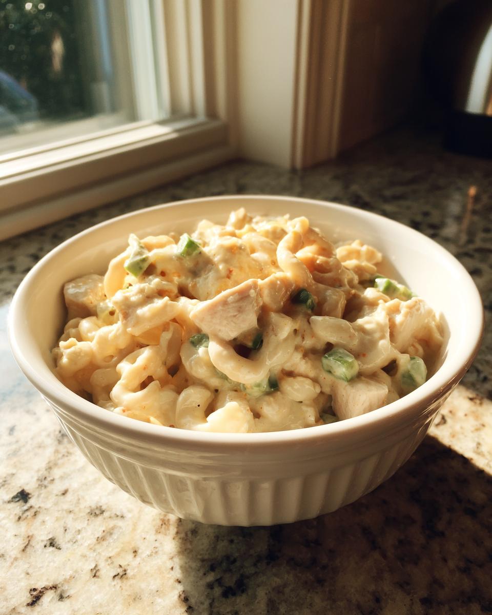 A white bowl filled with a creamy chicken and pasta mixture, possibly related to crockpot white chicken chili, sitting on a granite counter near a window.