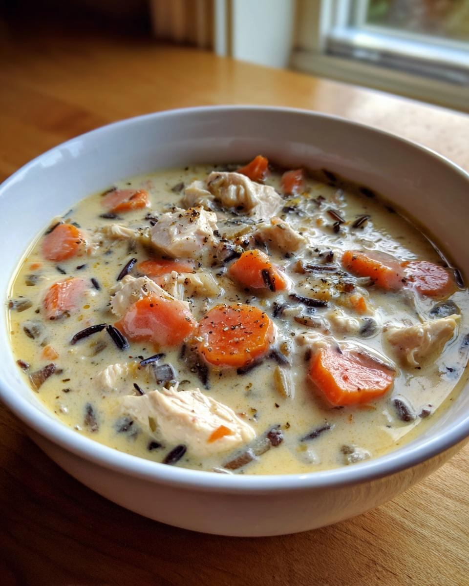 Close-up of creamy wild rice soup with chunks of chicken and bright orange carrots, seasoned with black pepper.