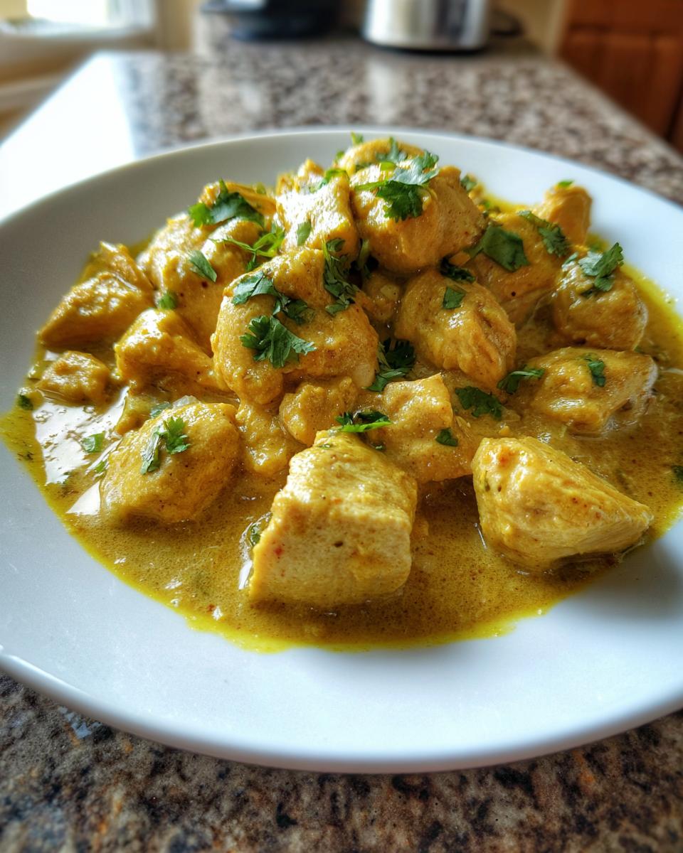 Close-up of tender pieces of coconut chicken coated in a rich, yellow curry sauce and garnished with fresh cilantro.