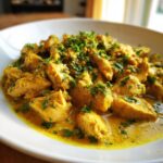 Close-up of creamy, yellow coconut chicken pieces garnished with fresh chopped cilantro in a white bowl.