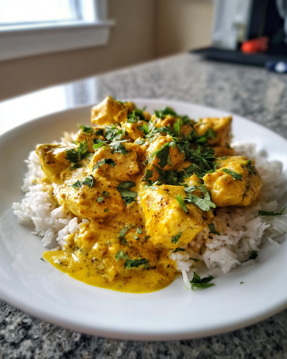 Close-up of creamy, yellow coconut chicken pieces served over a bed of fluffy white rice, garnished with fresh cilantro.