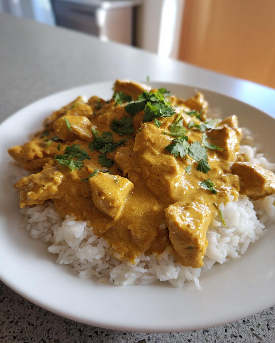 A plate of creamy coconut chicken pieces generously coated in a rich yellow sauce, served over fluffy white rice and garnished with fresh cilantro.
