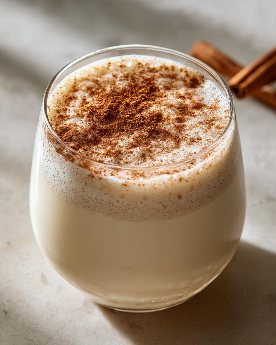 A close-up of a glass filled with creamy coquito, topped with a generous dusting of cinnamon.