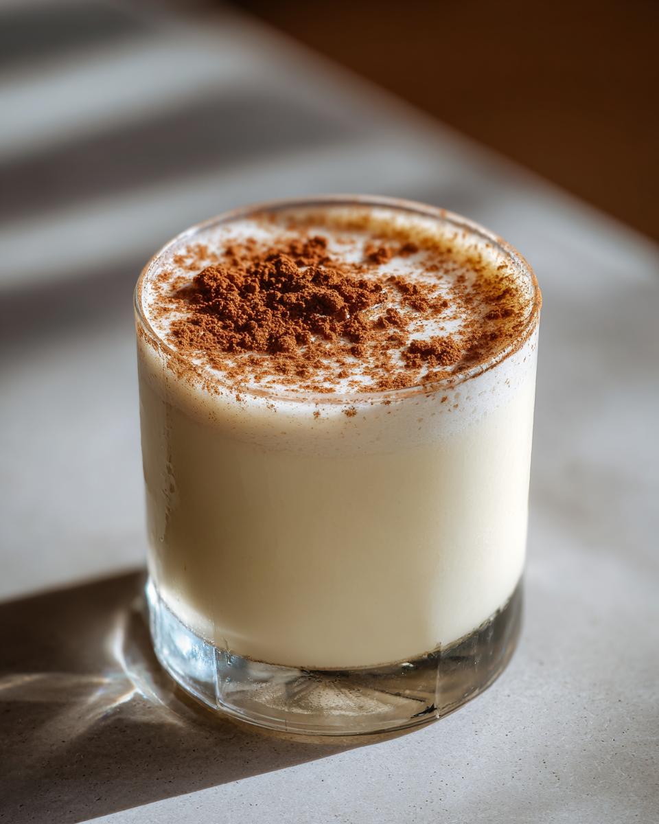A close-up of a glass filled with creamy coquito, garnished generously with ground cinnamon on top.