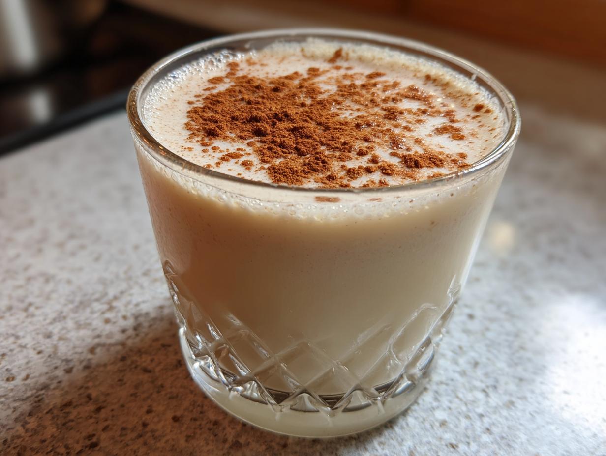 A close-up of a glass filled with creamy coquito, dusted generously with ground cinnamon on top.