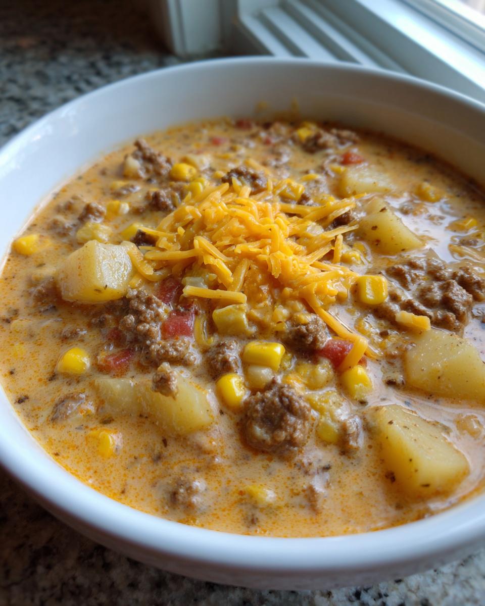 Close-up of a creamy cowboy soup filled with ground beef, potatoes, corn, and topped with shredded cheddar cheese.
