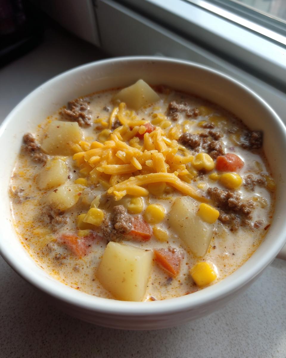 A close-up of a hearty bowl of creamy cowboy soup filled with ground beef, potatoes, corn, and topped with shredded cheddar cheese.