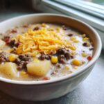Close-up of a creamy cowboy soup filled with ground beef, potatoes, corn, and topped generously with shredded cheddar cheese.