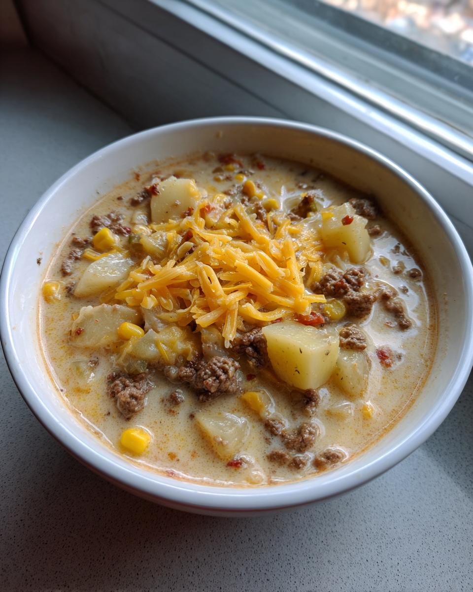 A close-up of a creamy cowboy soup filled with ground beef, potatoes, corn, and topped with shredded cheddar cheese.