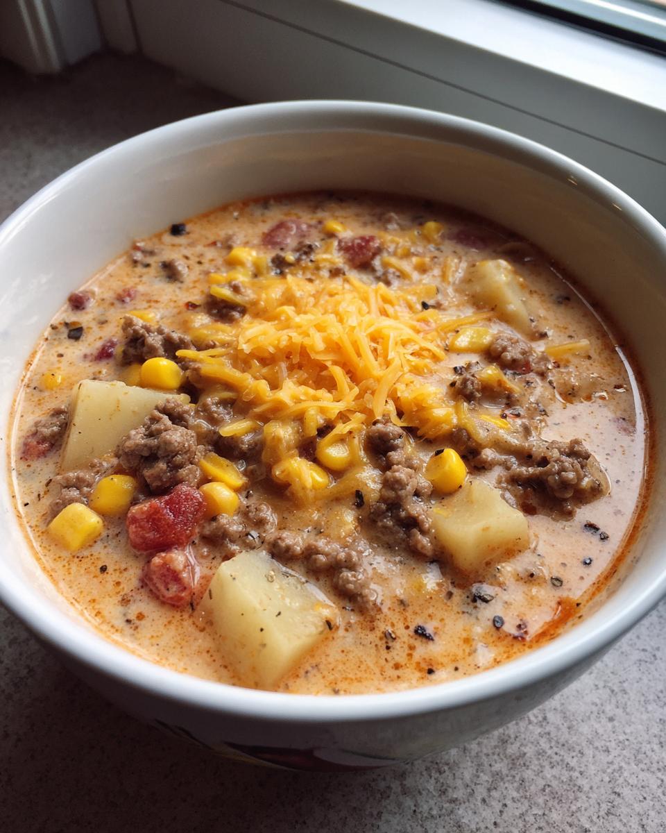 Close-up of a creamy cowboy soup filled with ground beef, potatoes, corn, and topped with shredded cheddar cheese.