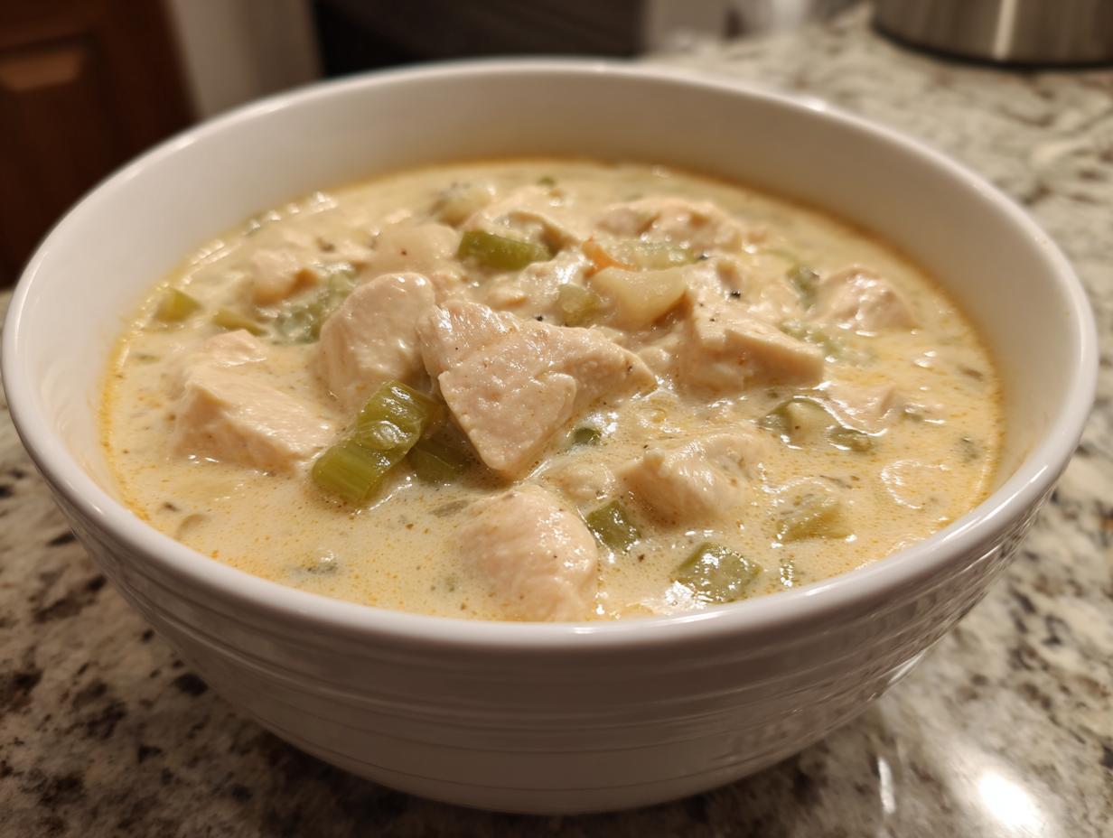 Close-up of a white bowl filled with creamy crockpot white chicken chili, featuring chunks of chicken and celery.