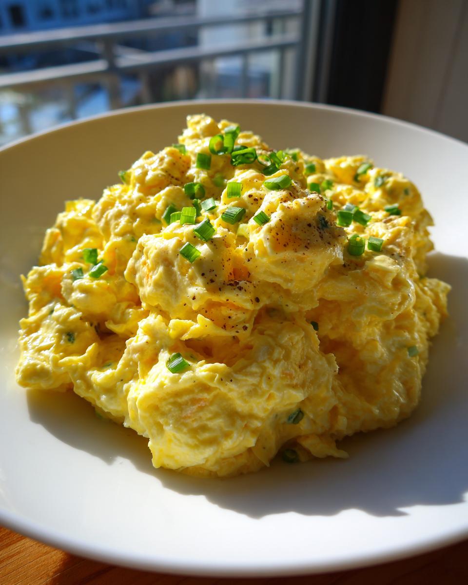 A close-up of a mound of creamy, yellow egg salad recipe garnished with fresh chopped chives and black pepper.