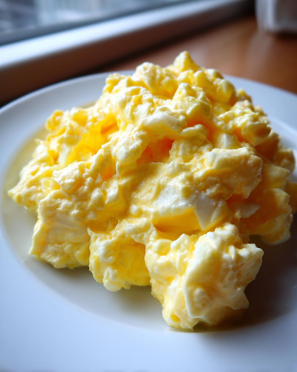 Close-up of a mound of creamy, yellow egg salad recipe served on a white plate.