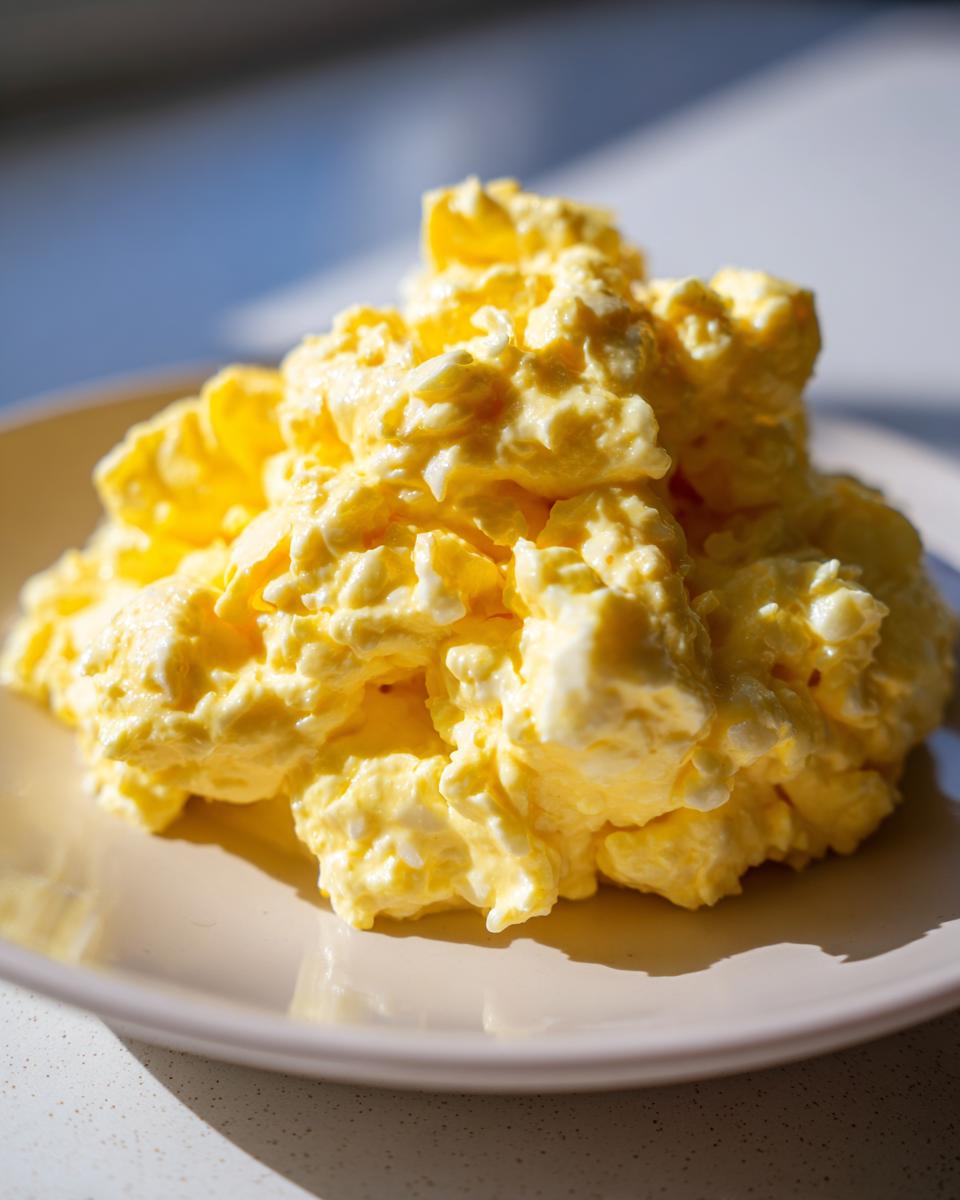 A close-up mound of creamy, bright yellow egg salad recipe served on a light beige plate.