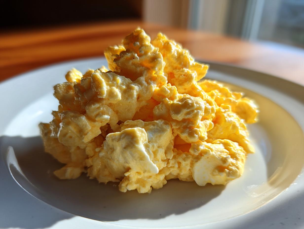 A close-up of creamy, fluffy yellow egg salad recipe piled high on a white plate, lit by sunlight.