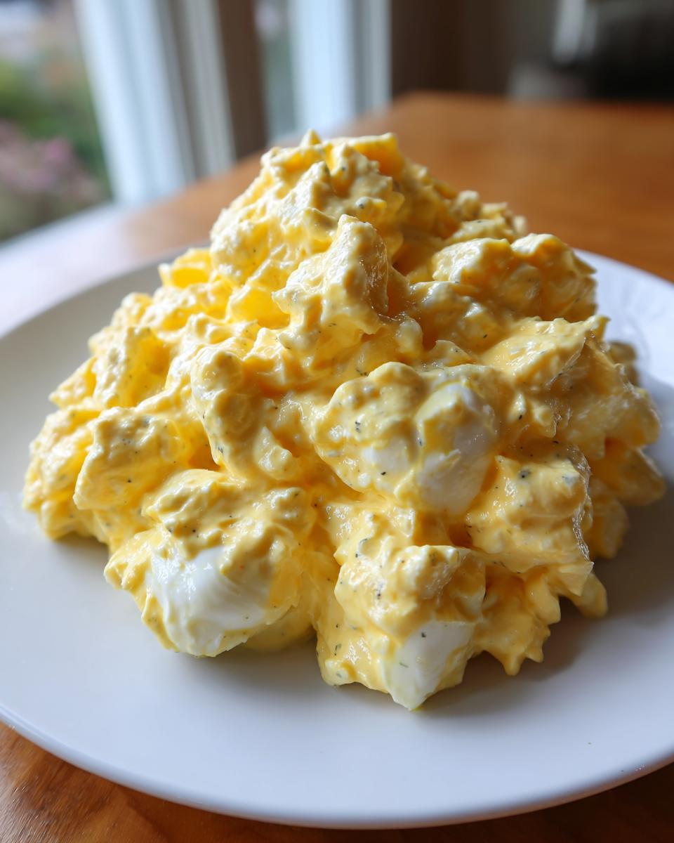 A generous mound of creamy, bright yellow egg salad recipe served on a white plate.