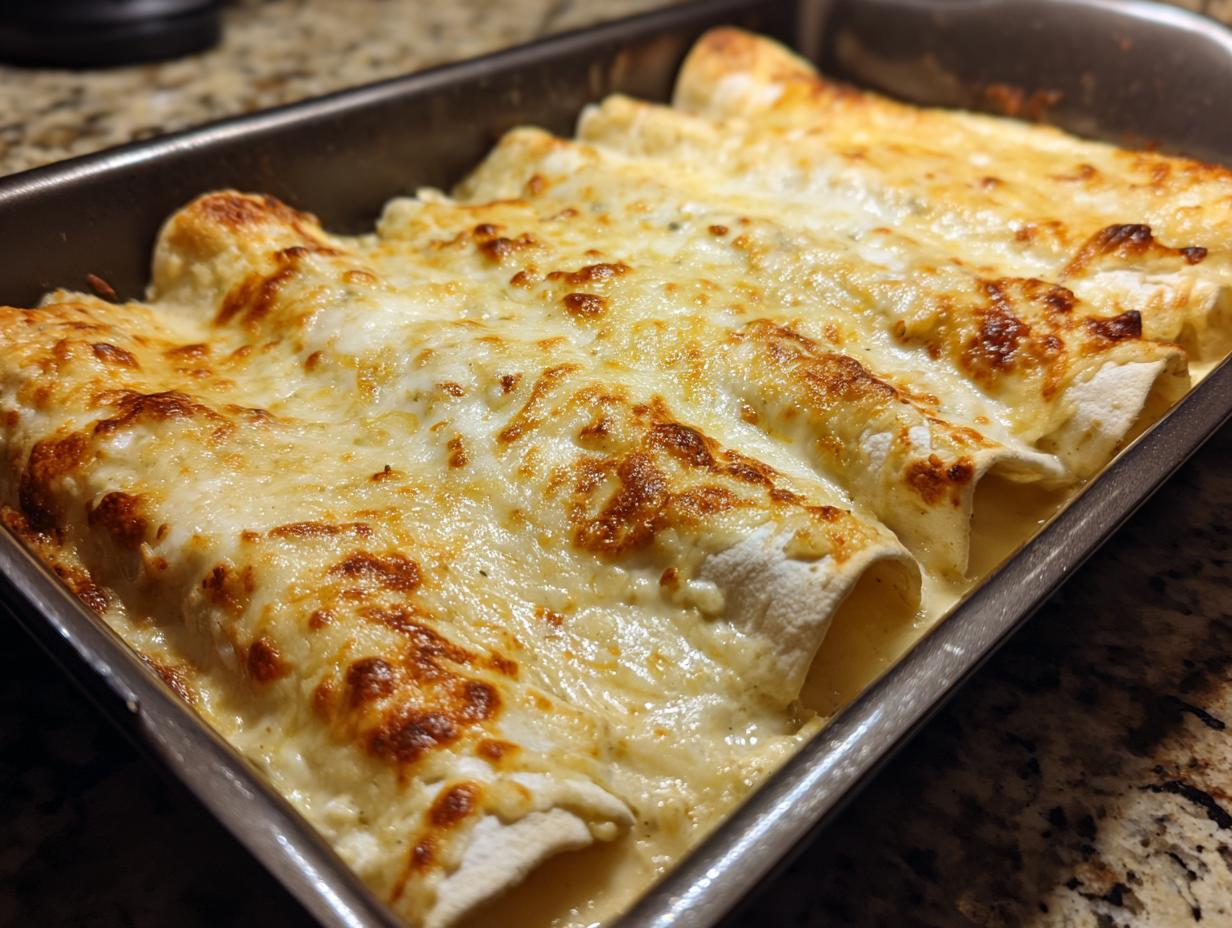 Close-up of freshly baked green chile chicken enchiladas covered in melted, bubbly white cheese sauce.