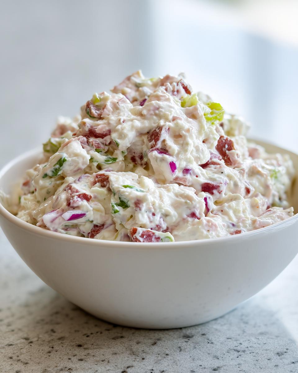 A close-up of a creamy, chunky hoagie dip mixture with visible pieces of meat, red onion, and green herbs in a white bowl.