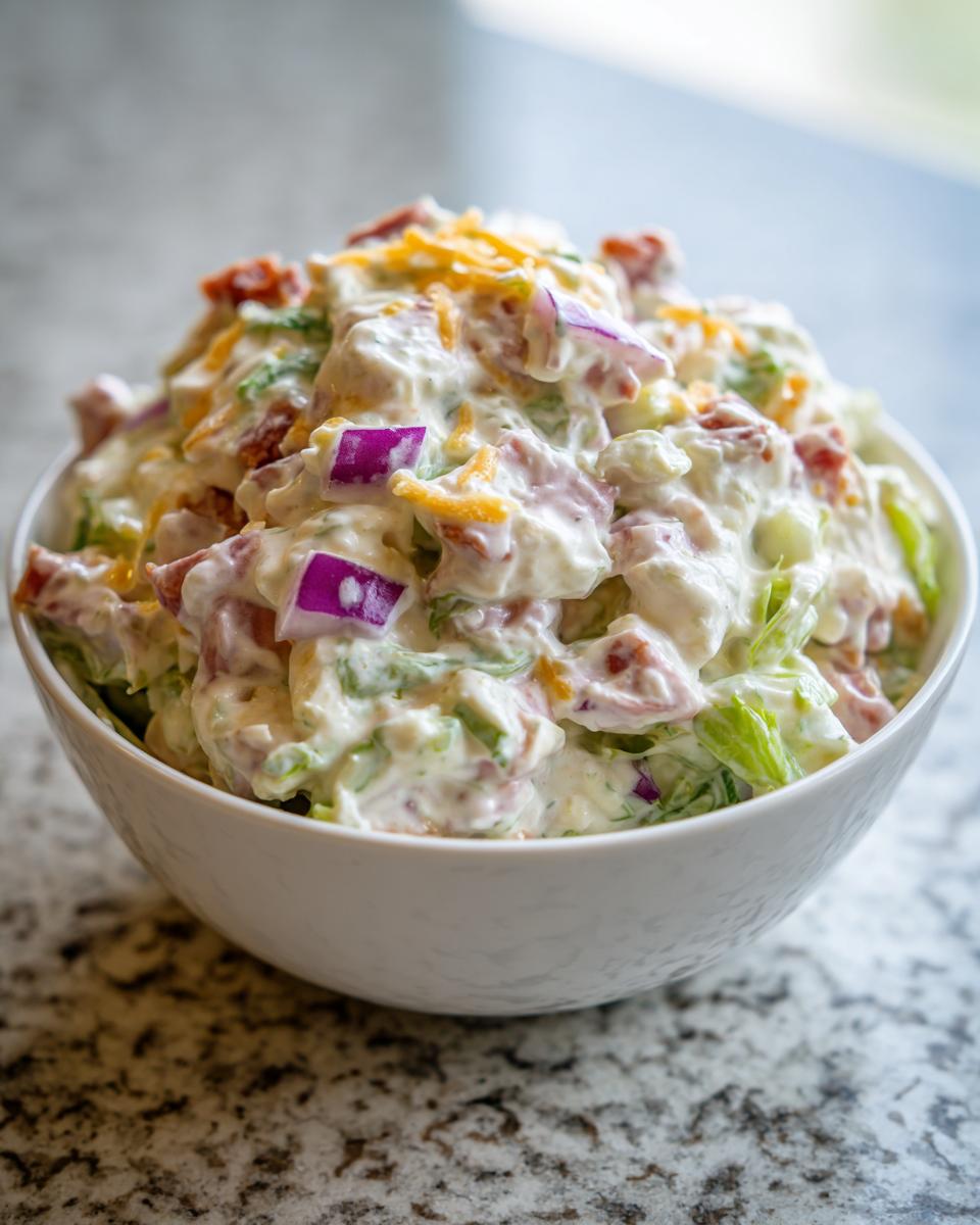 A white bowl filled with creamy hoagie dip, featuring visible chunks of meat, red onion, lettuce, and shredded cheese topping.