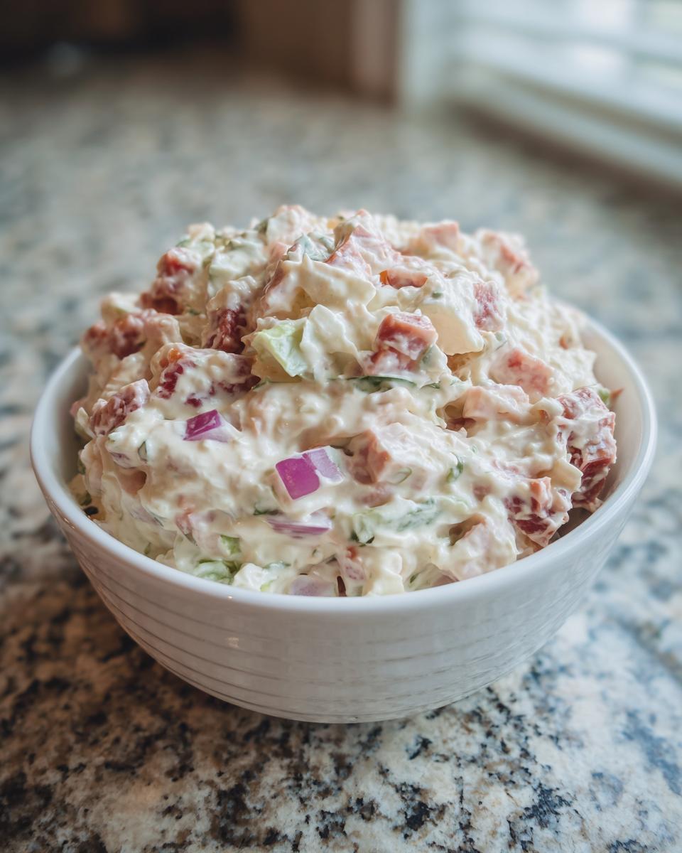 A close-up of creamy hoagie dip mixed with diced meats and vegetables, served in a white bowl.