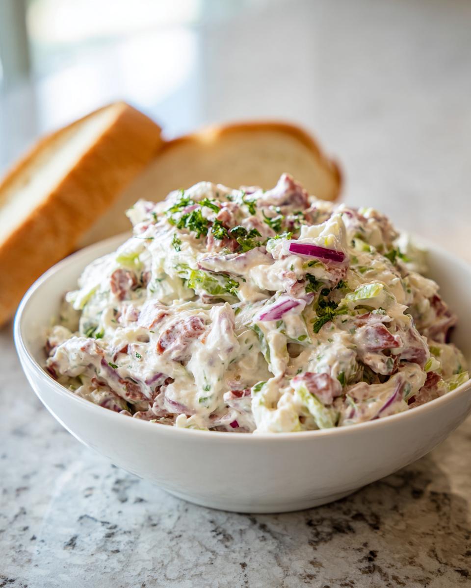 A white bowl filled with creamy hoagie dip, featuring meat, cheese, and red onion, served with slices of bread.