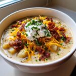 A close-up of a bowl of creamy Loaded Baked Potato Soup topped with shredded cheddar, bacon bits, sour cream, and chives.