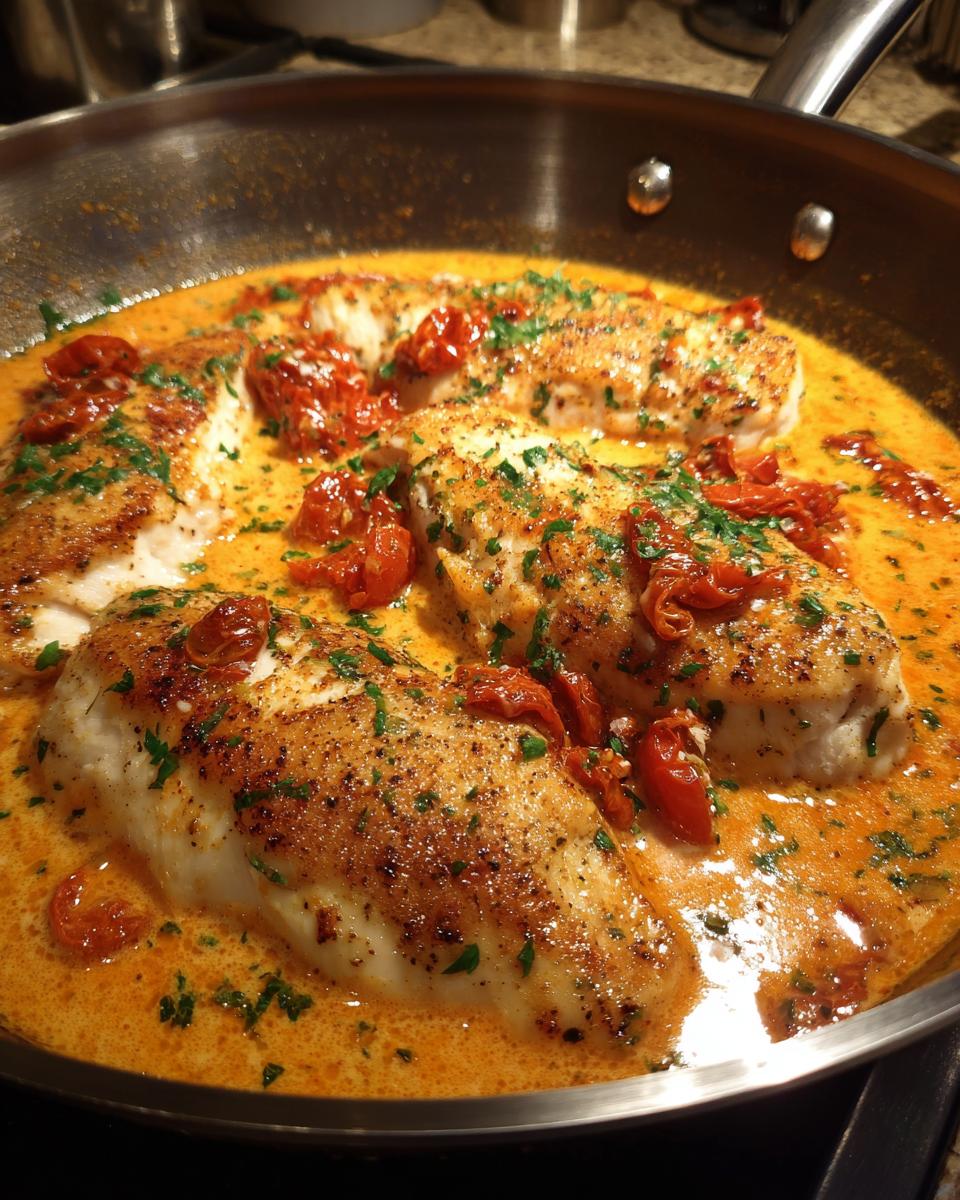 Close-up of seared chicken breasts simmering in a creamy, orange-hued sauce with sun-dried tomatoes and parsley, ready for marry me chicken.