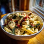 A close-up of creamy marry me chicken pasta with sun-dried tomatoes and spinach in a white bowl.