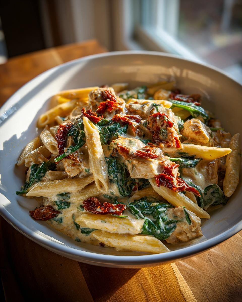 A close-up of a creamy bowl of marry me chicken pasta featuring penne, spinach, and sun-dried tomatoes.
