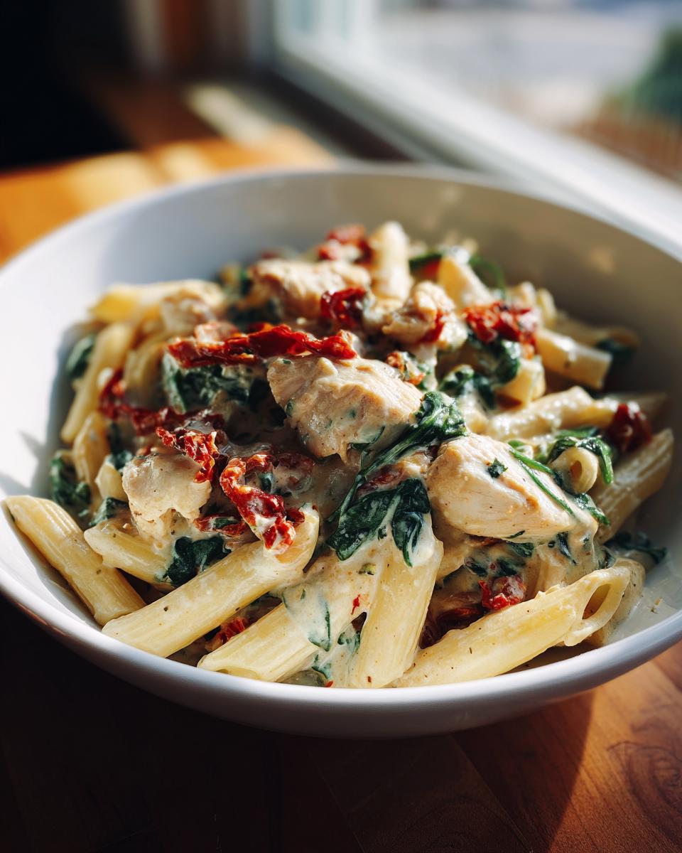 A close-up shot of a white bowl filled with creamy marry me chicken pasta, featuring penne, chicken chunks, spinach, and sun-dried tomatoes.