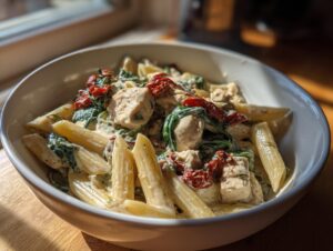 Close-up of a bowl of creamy marry me chicken pasta featuring penne, chicken chunks, spinach, and sun-dried tomatoes.