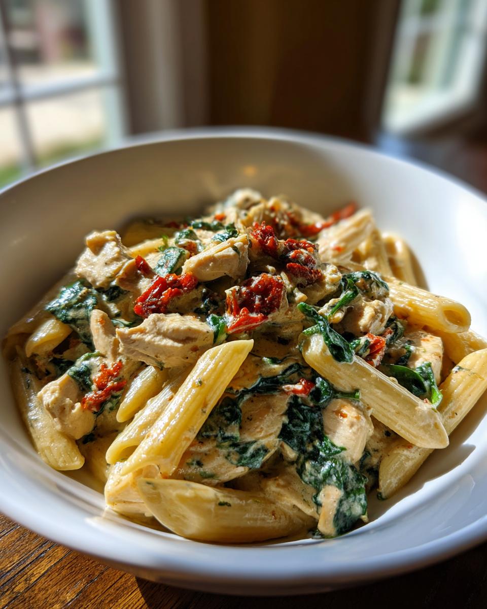A close-up of creamy marry me chicken pasta featuring penne, chicken pieces, spinach, and sun-dried tomatoes in a white bowl.