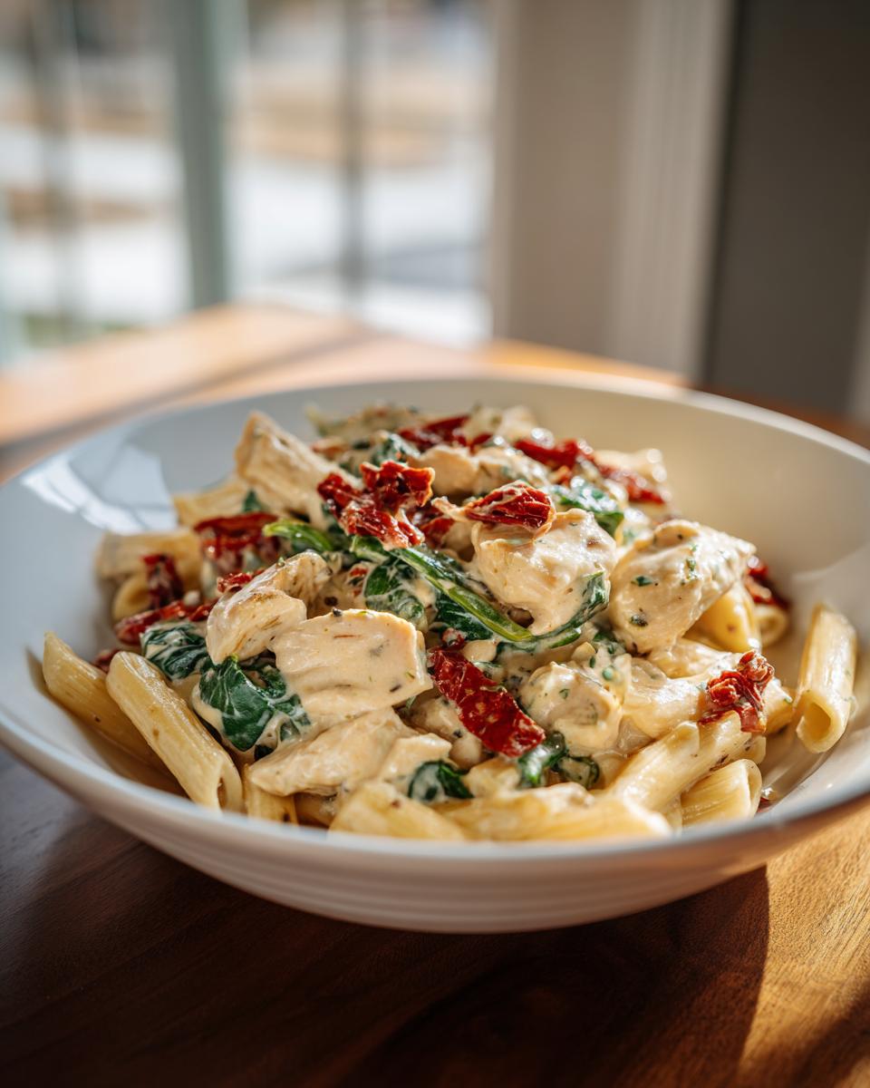 A close-up of a white bowl filled with creamy marry me chicken pasta, featuring chicken pieces, spinach, and sun-dried tomatoes.