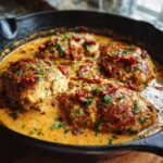 Close-up of creamy Marry Me Chicken breasts simmering in a rich, sun-dried tomato cream sauce in a black skillet.